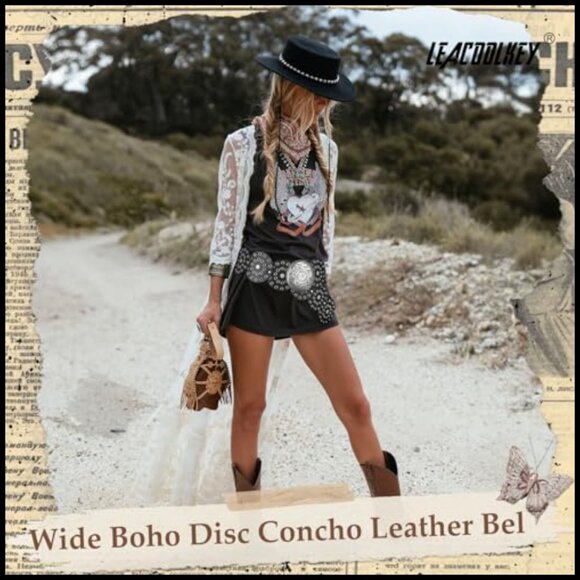 Western Boho Leather Waist Belt with Concho Buckle for Dresses Jeans main image 6